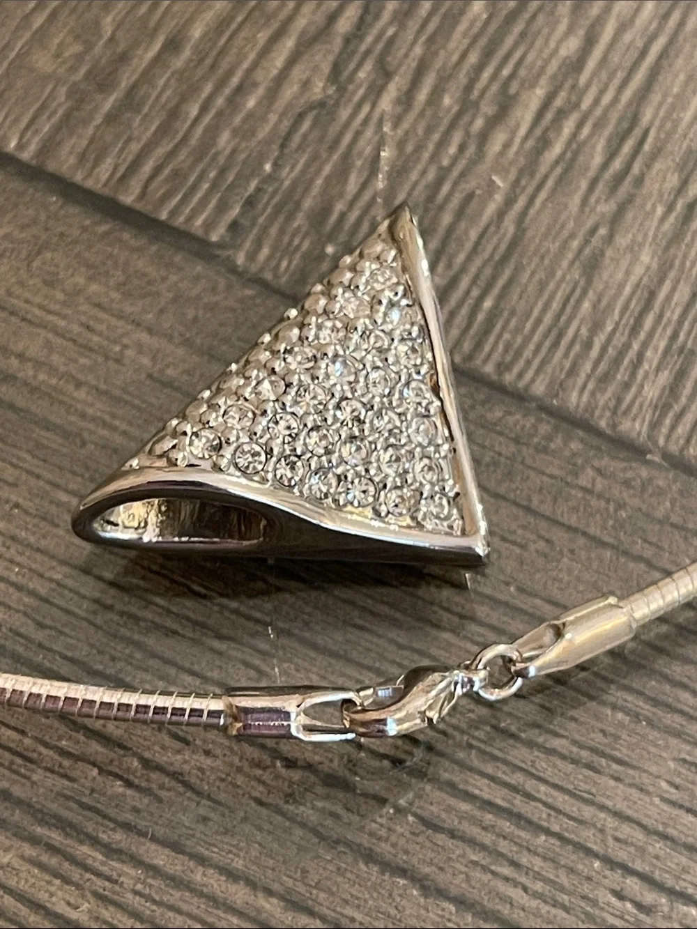 Vintage Silver-tone Wire Necklace with Pave Rhinestone Triangle Pendant - Slide